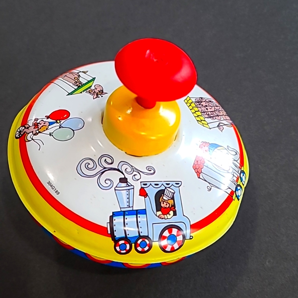 Vintage Ohio Art Circus Train Themed Tin Spinning Top 1960s